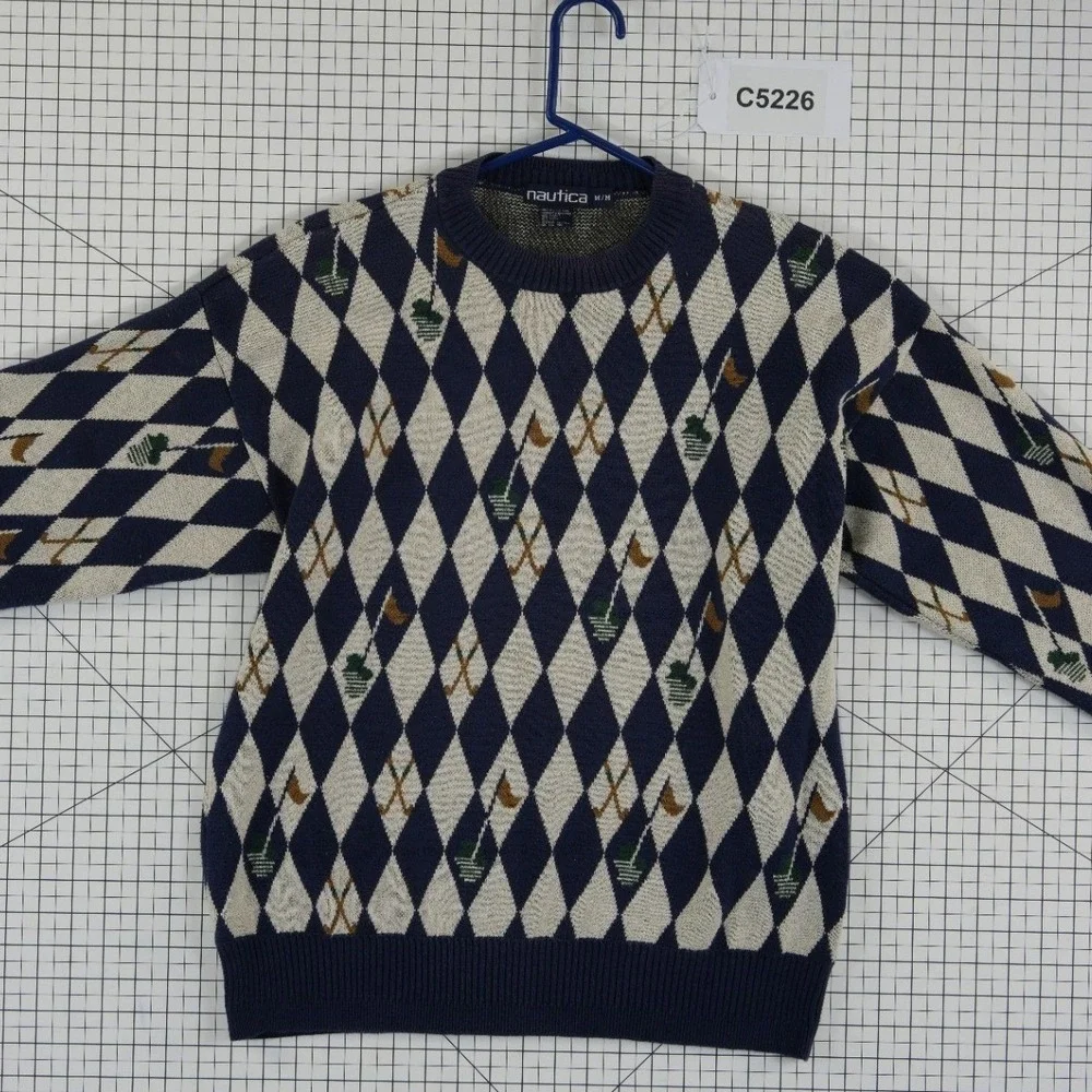 Vintage Nautica Sweater Men's Size Medium Blue Cream Argyle Cotton Linen Golf